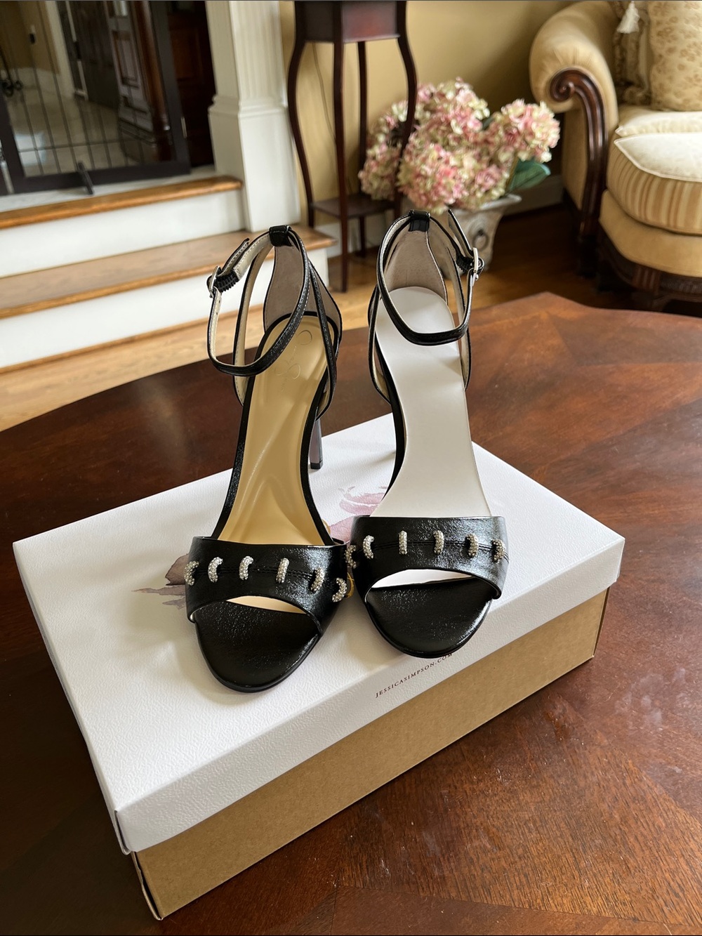 Black Women's Ankle-Strap Heeled Sandals with Decorative Accents, Jessica Simpso
